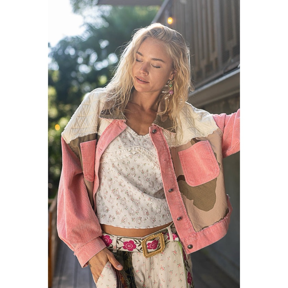POL Pink Camo Patchwork Trucker Jacket | Quilted Corduroy - Picture 8 of 10